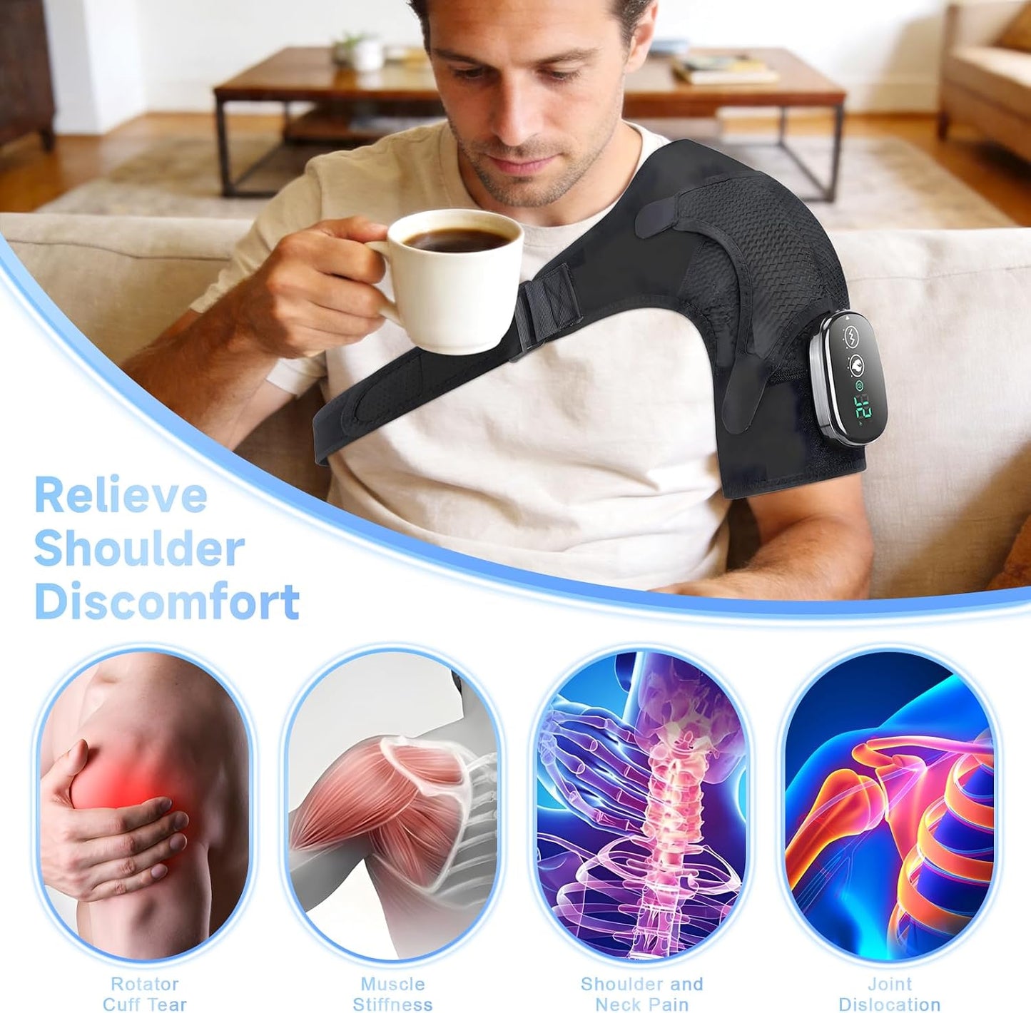 Cordless Shoulder Heating Pad with Massage, Vibration Heated Shoulder Wrap Massager, Rotator Cuff Shoulder Brace, Shoulder Massage with Heat for Pain Relief Deep, Warm Gifts