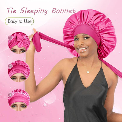 BONNET QUEEN Silk Bonnet for Sleeping for Women Satin Bonnet Night Cap for Curly Hair with Tie Band, Single Layer, Cream Pink