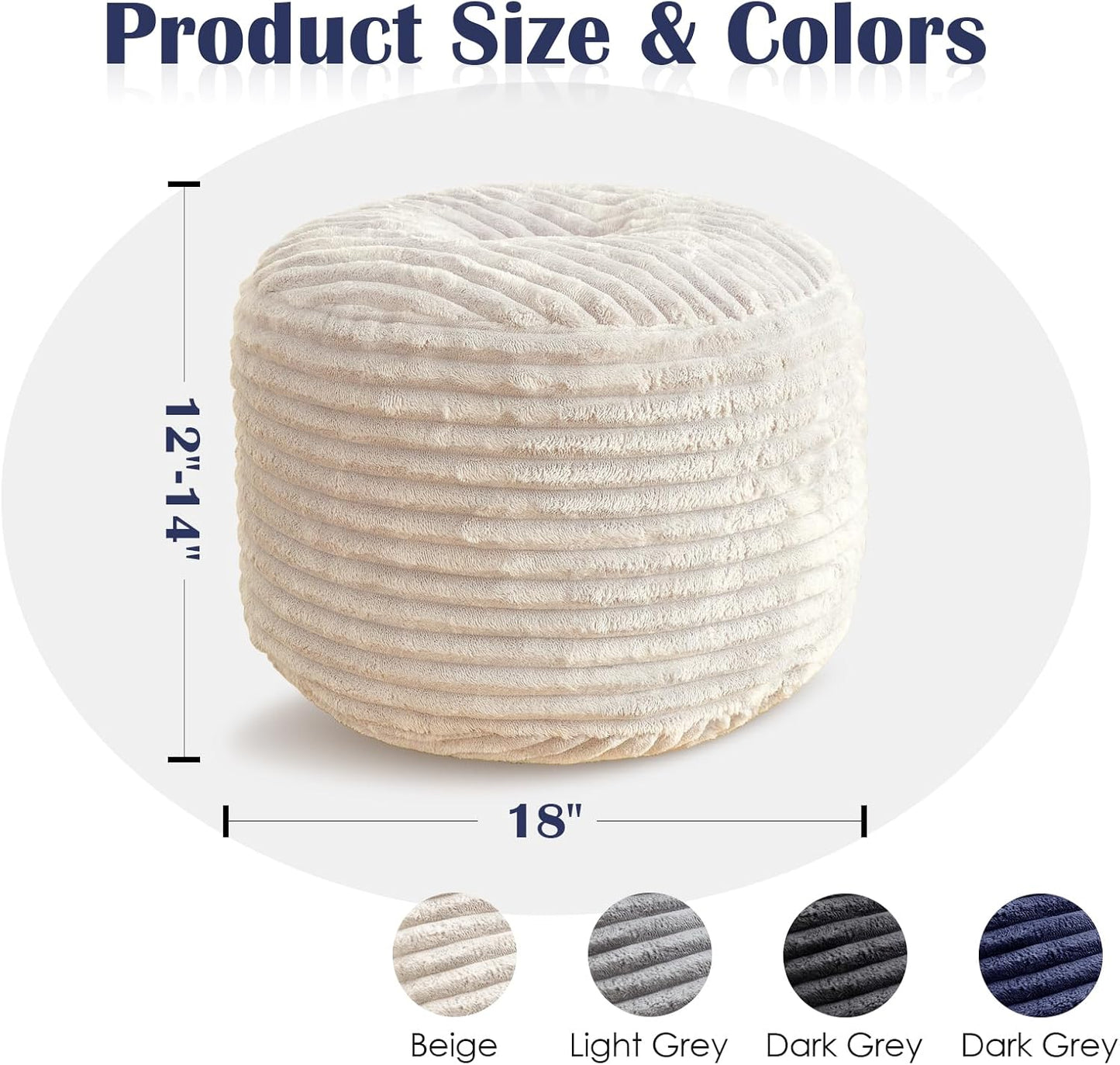 SHOUREN Stuffed Round Ottoman,Corduroy Pouf Ottoman Foot Rest with Foam Filling,Pouf Storage Ottoman Footstool for Living Room,20 X 15 Floor Poufs for Couch,Footrest Only - 20 X 15 Inches,Beige