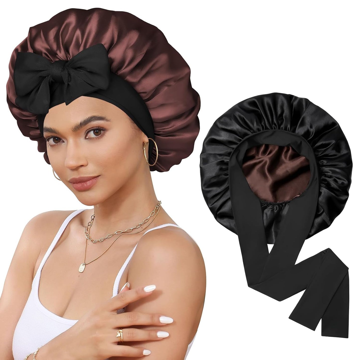 Satin Bonnet for Sleeping Cap Double Layer Hair Bonnet with Elastic Tie Band for Curly Hair Night Cap (Bean Paste + Pink)