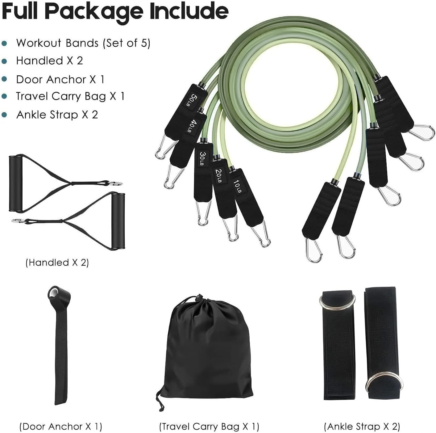 WHATAFIT Resistance Bands, Exercise Bands, Workout Bands with Handles, Door Anchor and Ankle Straps, 5 Resistance Levels Fitness Bands for Strength Training, Physical Therapy, and Home Gym Equipment