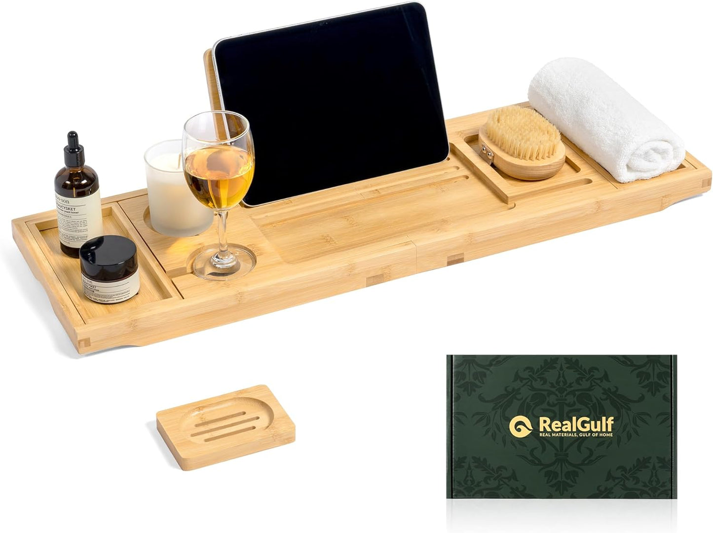 Bamboo Bathtub Tray, Bath Caddy with Wine Glass Holder, Phone Dock & Book Stand | Hands-Free Reading & Ultimate Spa Relaxation Experience-Brown