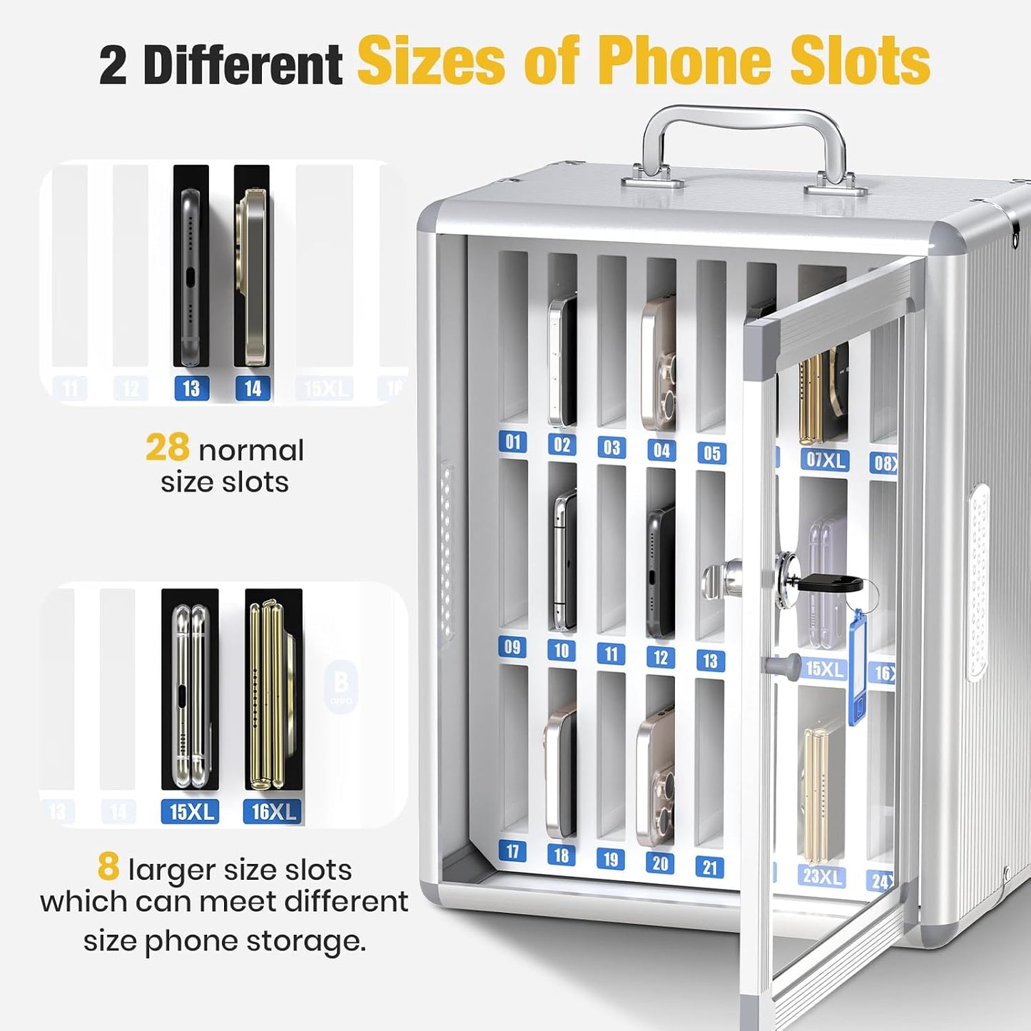 Glosen 24 Slots Cell Phone Locker, Portable Phone Storage Cabinet [Wall Mounted] [Aluminum Alloy] Cellphone Lock Box with Key & Handle for School Classroom Office Exam (Black)