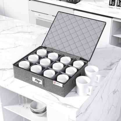 YearningHome Cup and Mug Storage Box with Hard Shell and Dividers for Coffee Mugs,Tea Cups and Glasses,Stackable Storage Organizers with Lid,Handles,Zips and Label for Moving,Holds 12,2 Pack, Grey