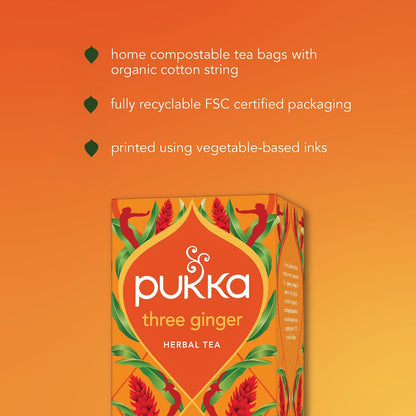 Pukka Three Ginger Organic Herbal Tea Bags 4-Pack Caffeine Free Digestive Wellness Infusion with Turmeric Galangal Licorice for Digestion and Bloating Relief