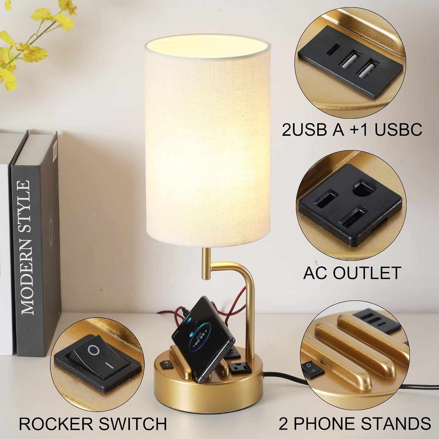 Dreamholder Table Lamp with 3 USB Charging Ports, Modern Desk Lamp with AC Outlet and Phone Stands, Perfect Bedside Lamp for Bedroom, Living Room, Office (Pack of 2), Cream