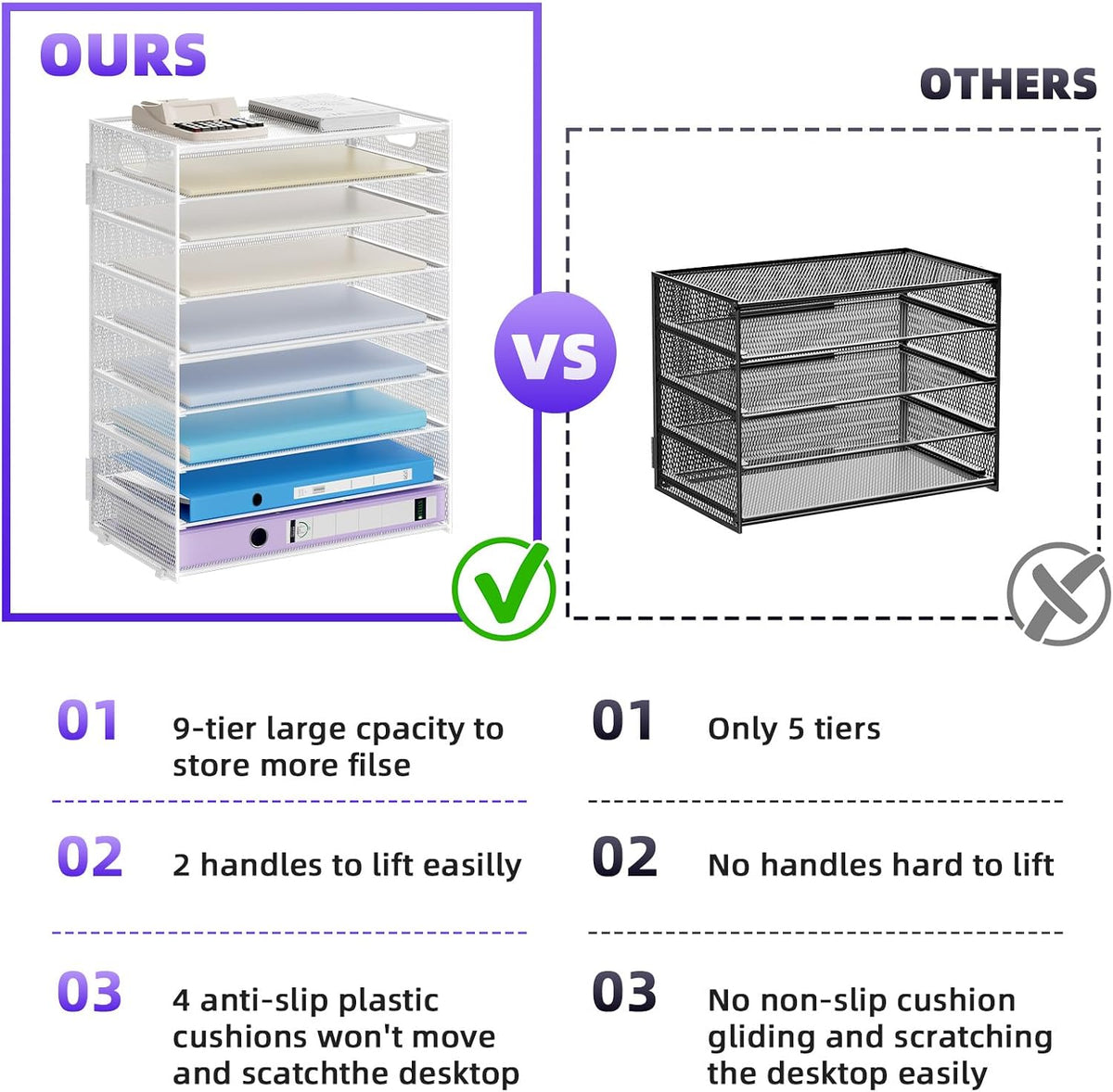 Marbrasse 6 Tier Paper Organizer Letter Tray - Mesh Desk File Organizer with Handle, Paper Sorter Organizer for Letter/A4 Office File Folder Holder - Black