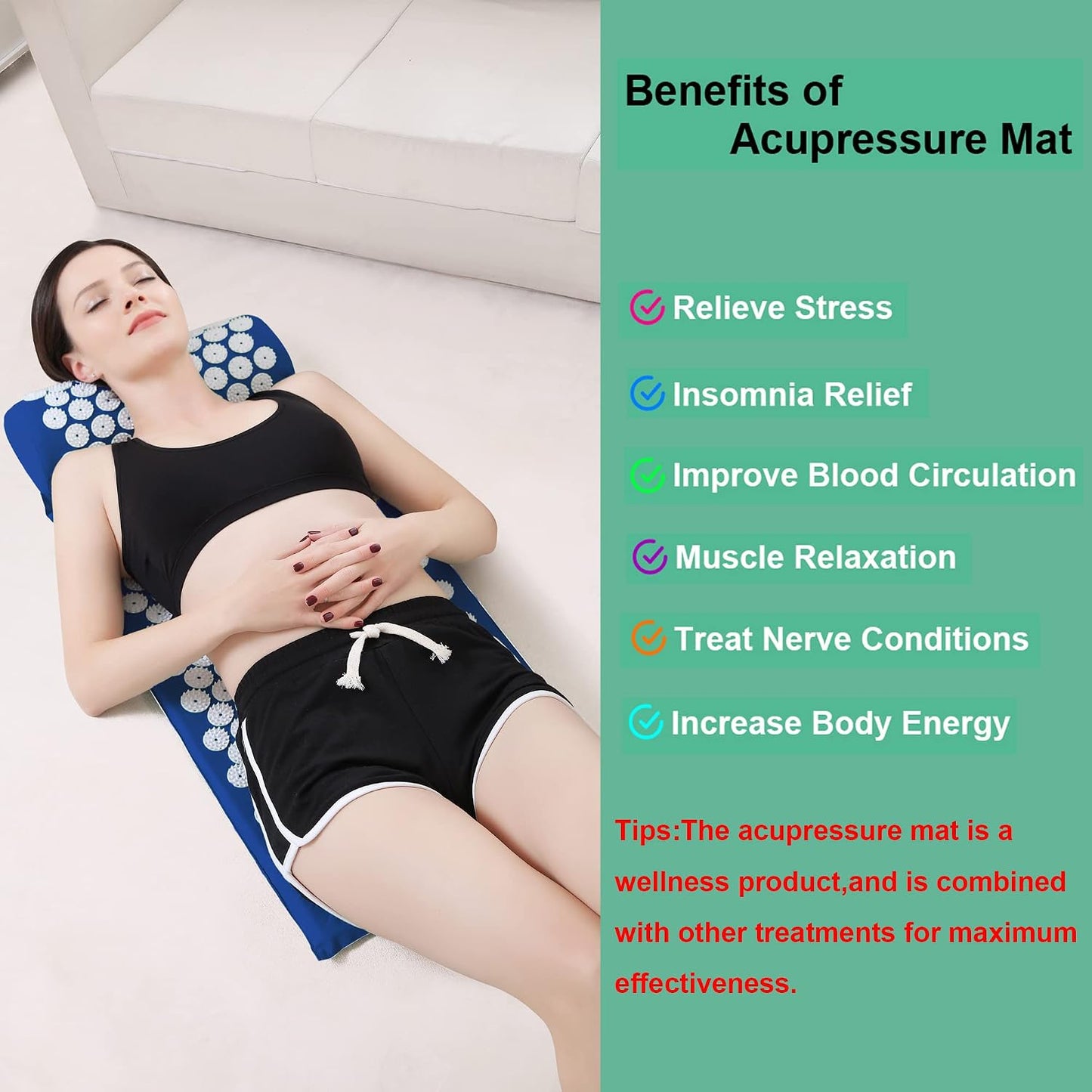 XiaoMaGe Acupressure Mat and Pillow Set with Bag - Extra Long Acupuncture Mat for Neck & Back Pain Relief- Naturally Relaxation Gift for Women - Stress Relief Massage Mat (Black)