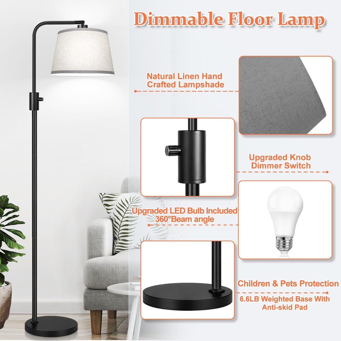 【Upgraded】 Dimmable Floor Lamp, 1000 Lumens LED Edison Bulb Included, Arc Floor Lamps for Living Room Modern Standing Lamp with Linen Shade, Tall Lamp for Bedroom Office Dining Room- Black
