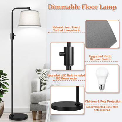 【Upgraded】 Dimmable Floor Lamp, 1000 Lumens LED Edison Bulb Included, Arc Floor Lamps for Living Room Modern Standing Lamp with Linen Shade, Tall Lamp for Bedroom Office Dining Room- Black