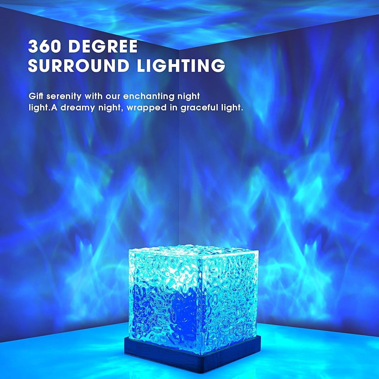 Ocean Wave Projector Light, 16-Color Luminorthe Cube Lamp and App Remote, 3D Holographic Water Ripple Romantic Ambient Lighting for Child's Room, Party, Night Light-4.4inch (Blue)