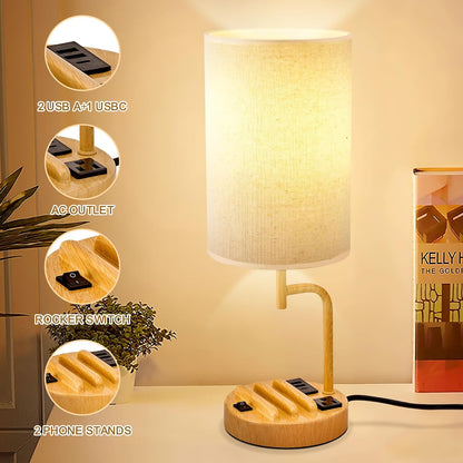 Dreamholder Table Lamp with 3 USB Charging Ports, Modern Desk Lamp with AC Outlet and Phone Stands, Perfect Bedside Lamp for Bedroom, Living Room, Office (Pack of 2), Cream