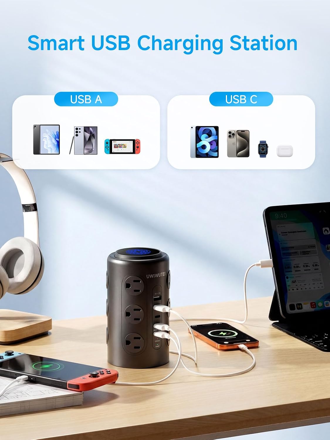 10FT Tower Power Strip with Dedicated 20W PD USB-C Port