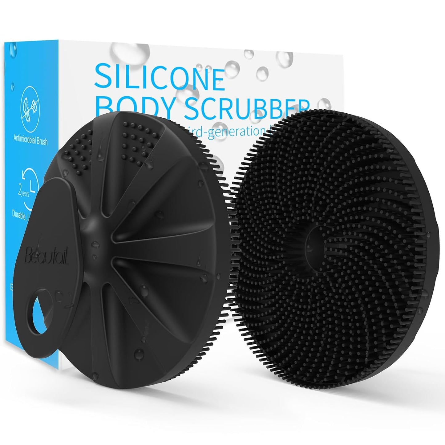 Silicone Body Scrubber 2 Pack, BEAUTAIL Shower Bath Scrubber, More Hygienic Than Traditional Loofah, Lather Nicely, Gentle Exfoliating Brush for Women Men Baby Sensitive Skin, Black+Purple