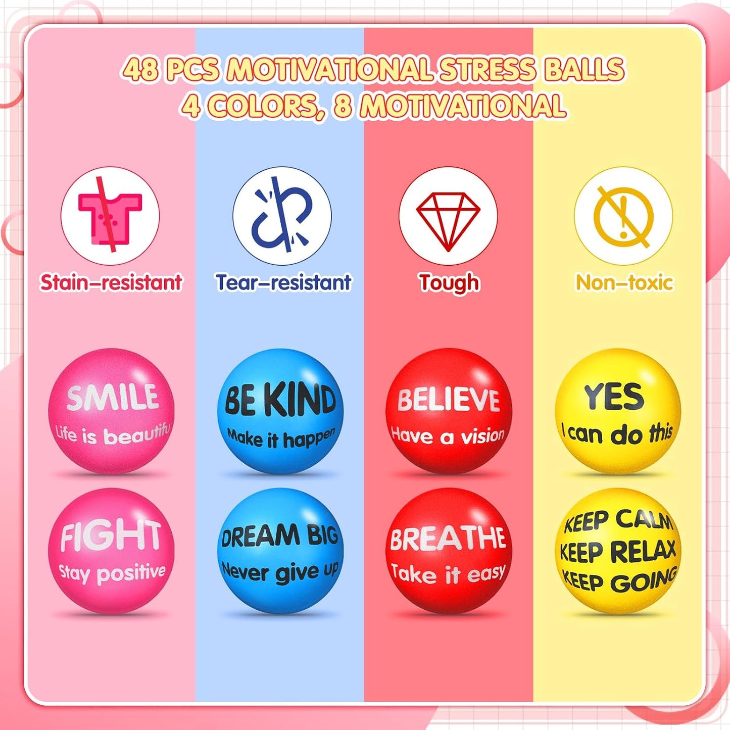 Liliful 100 Pcs Motivational Stress Balls Bulk Inspirational Squeeze Balls for Adults Anxiety Relief Fidget Toys Office Employee Gifts Classroom Rewards 2.2 Inch (Bright Colors)