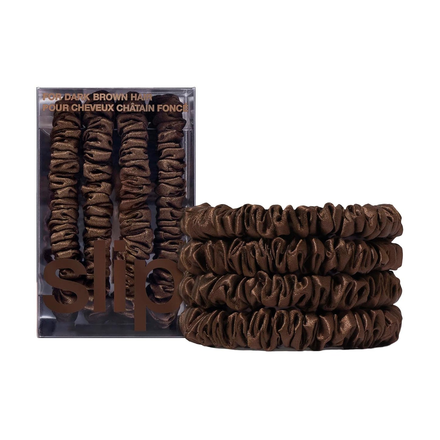 Slip Silk Hair Ties — Skinny Silk Black Scrunchies, No Damage, No Crease, Anti-Breakage |100% Mulberry Silk | All Hair Types | Made with Proprietary Slipsilk™ | Set of 4
