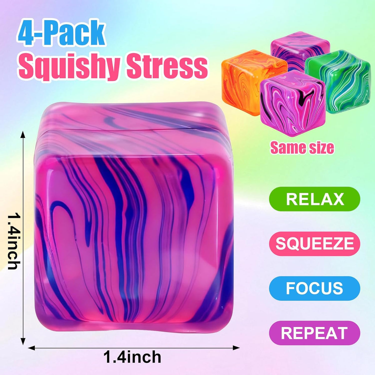 4 Pack Fidget Toys, Squishy Cube, Cube Squishy for Anxiety & Stress Relief for Adults, Slow Rise Sensory Stress Balls, Classroom Prizes