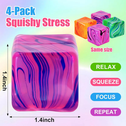 4 Pack Fidget Toys, Squishy Cube, Cube Squishy for Anxiety & Stress Relief for Adults, Slow Rise Sensory Stress Balls, Classroom Prizes