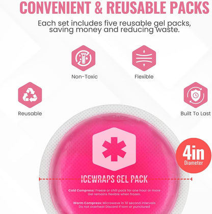 ICEWRAPS Reusable Round Ice Packs for Injuries, Hot & Cold Gel Therapy Packs, Soft & Flexible Compress for Pain Relief and Recovery, Pack of 5, Blue, FSA-HSA Eligible