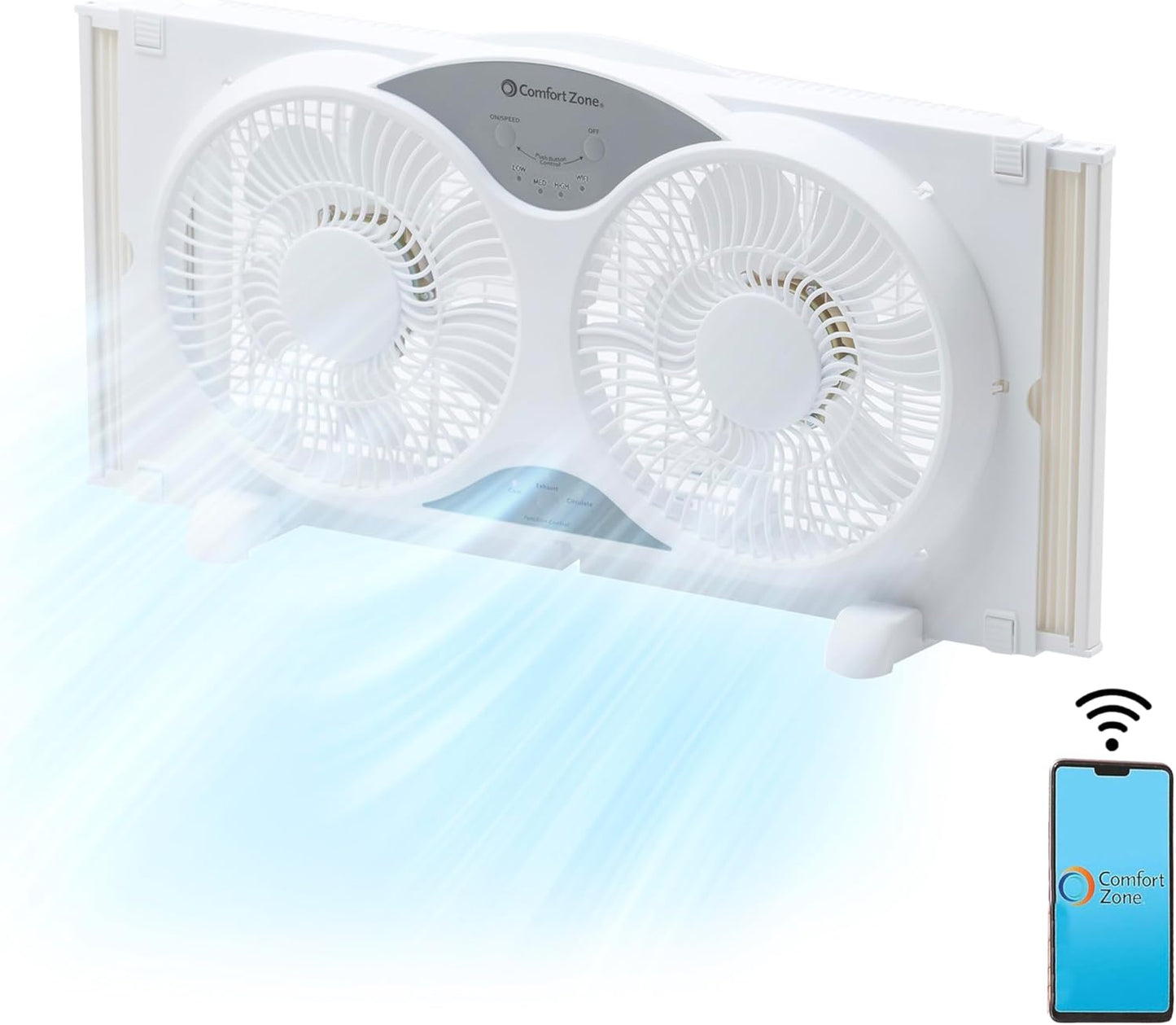 Comfort Zone Twin Window Fan with Reversible Airflow Control, 9 inch, Auto-Locking Expanders, 2 Speed Fan, Dual Fan, Exhaust, Airflow 9.84 ft/sec, Ideal for Home, Kitchen, Bedroom & Office, CZ319WT