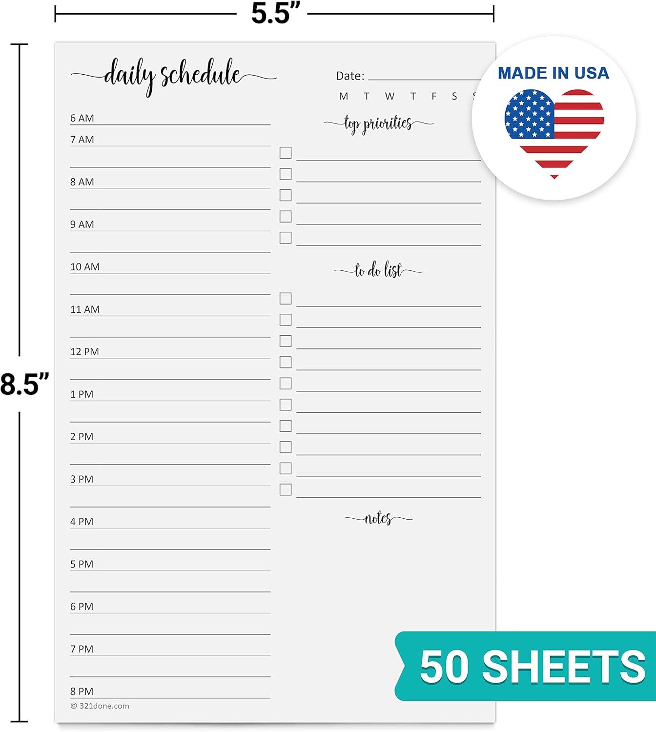 321Done Daily Schedule Planning Notepad - 5.5x8.5 Hourly Appointment Daily Planner To Do Checklist, 50 Sheets Tear-Off Note Pad - Made in USA