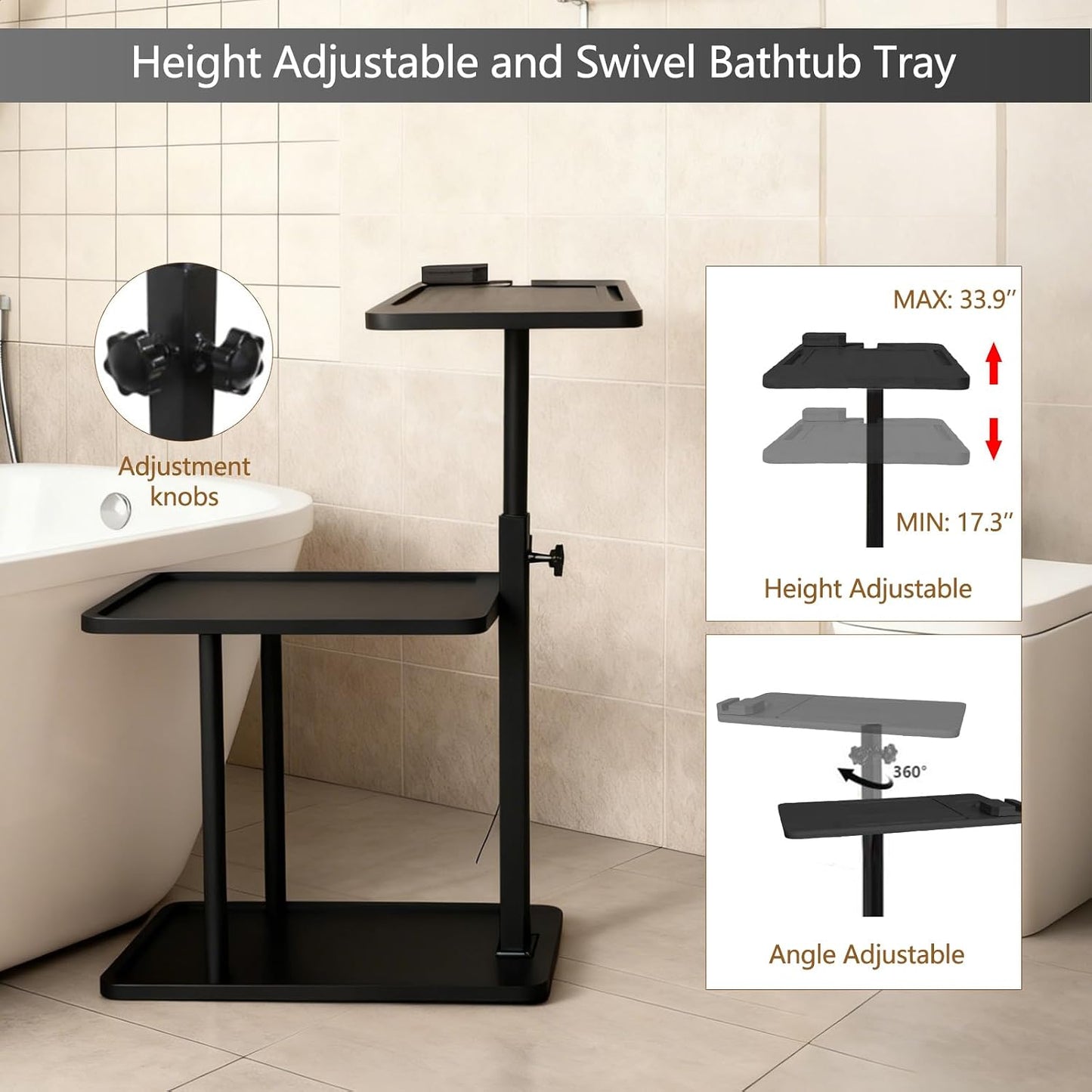 3 Layer Bathtub Tray Table,Bamboo Swivel Bathtub Side Table Height Adjustable,Freestanding Bathtub Tray for Tub Against Wall,Bathtub Accessories&Bathroom Organizer for Luxury Home Spa (Black)