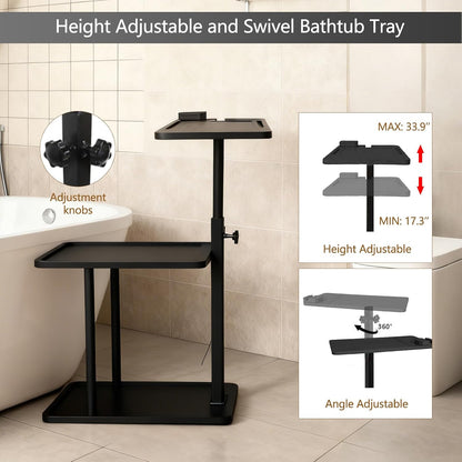 3 Layer Bathtub Tray Table,Bamboo Swivel Bathtub Side Table Height Adjustable,Freestanding Bathtub Tray for Tub Against Wall,Bathtub Accessories&Bathroom Organizer for Luxury Home Spa (Black)