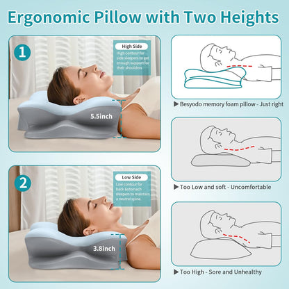 Cervical Neck Pillow for Pain Relief - Ergonomic Pillow for Neck Support, Contour Memory Foam Pillows for Sleeping, Contour Pillow for Reading & Bed Rest Pillows for Side Back Stomach Sleepers(Blue)