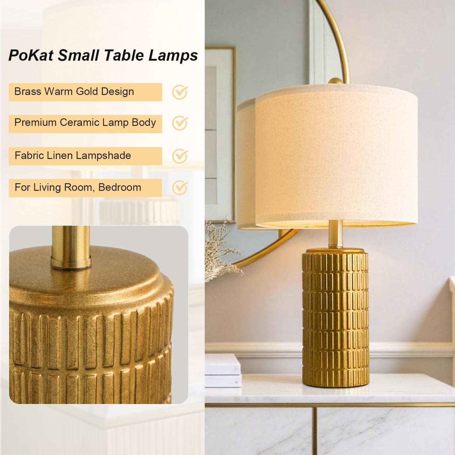 PoKat 20.75" Small Modern Ceramic Table Lamps Set of 2 for Bedroom, White Bedside Lamps for Night Stands, Farmhouse Desk Home Decor Gift Nightstand Table Lamps for Living Room End Table Beige