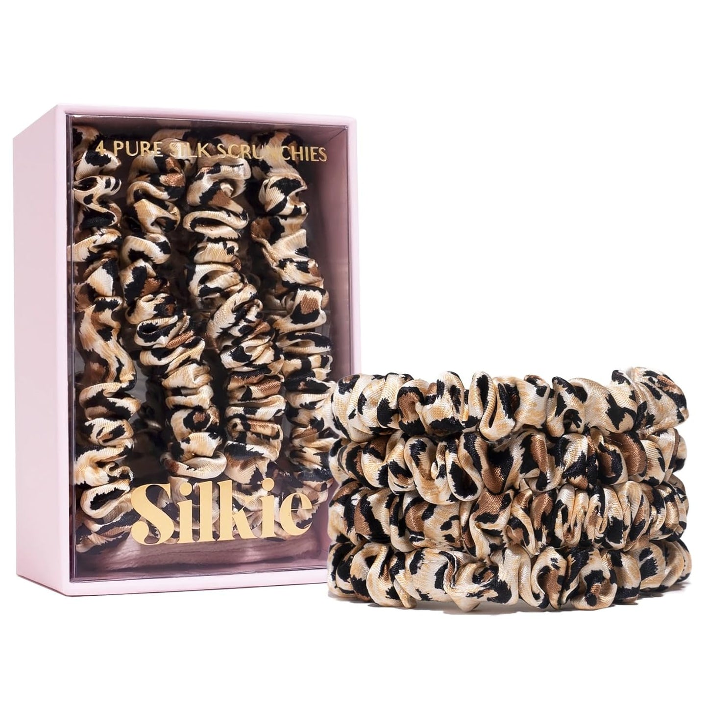 SILKIE x4 Set - Forget Satin - 100% Pure Mulberry Silk Black Brown Skinny Scrunchies Travel Pouch Everyday Hair Ties Elastics Hair Care Ponytail Holder No Damage (Chocolate)