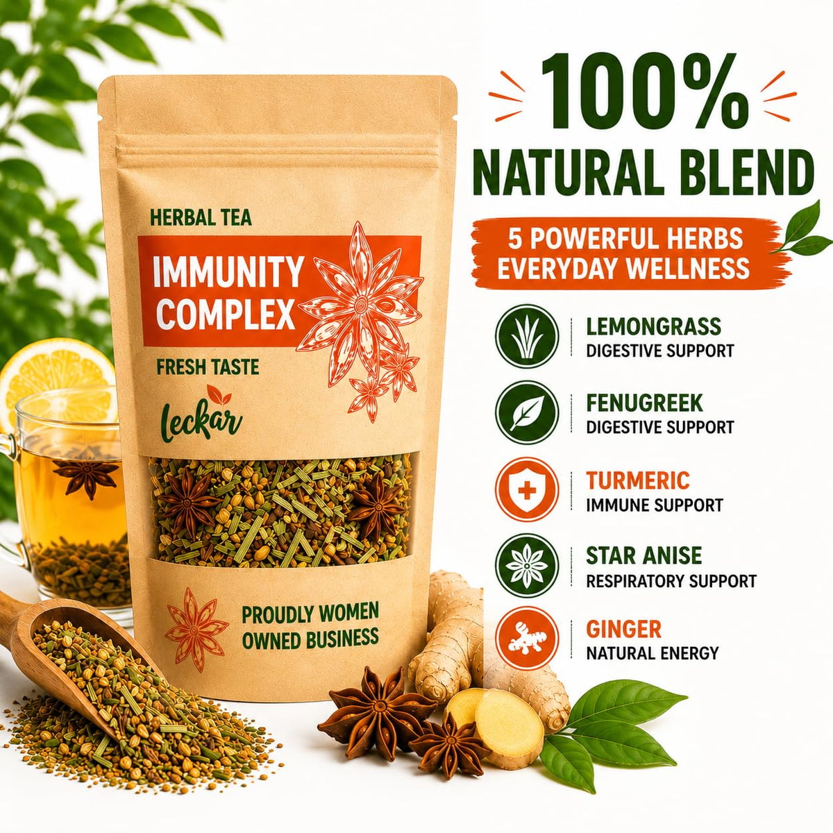 Herbal Tea with Lemongrass, Ginger, Fenugreek, Star Anise, Turmeric, Caffeine Free, Immunity Care Blend