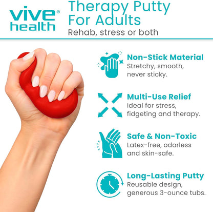 Vive Therapy Putty for Adults, for Hand (2 Pack) - Occupational Sensory Stress Relief Tools - for Physical Exercise, Finger Pain, Grip Strength, Rehab, Arthritis, Forearms, Fidgeting, Motor Skills