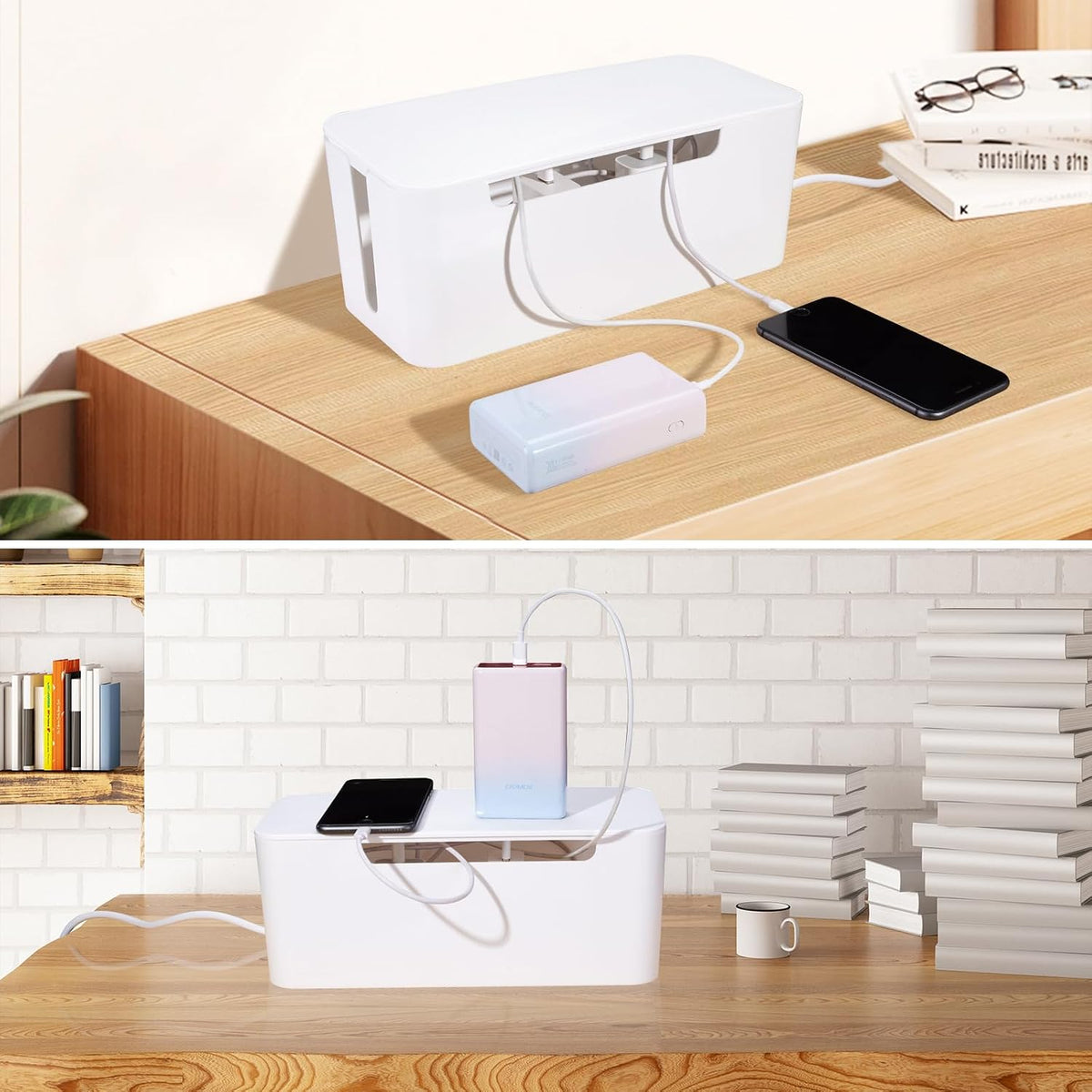 Eichzer Cable Management Box with Lid, Three Entry/Exit Slots, White