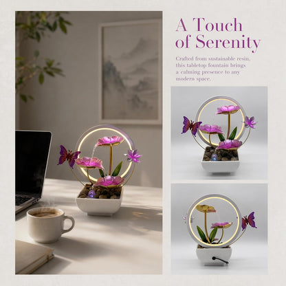 Tabletop Fountain,Indoor Water Fountain,Home Fengshui Décor Zen Relaxation Soothing Sound Machine for Office,Living Room,or Bedroom,Green Lotus,Hummingbird & Pink Flower,9.1inch