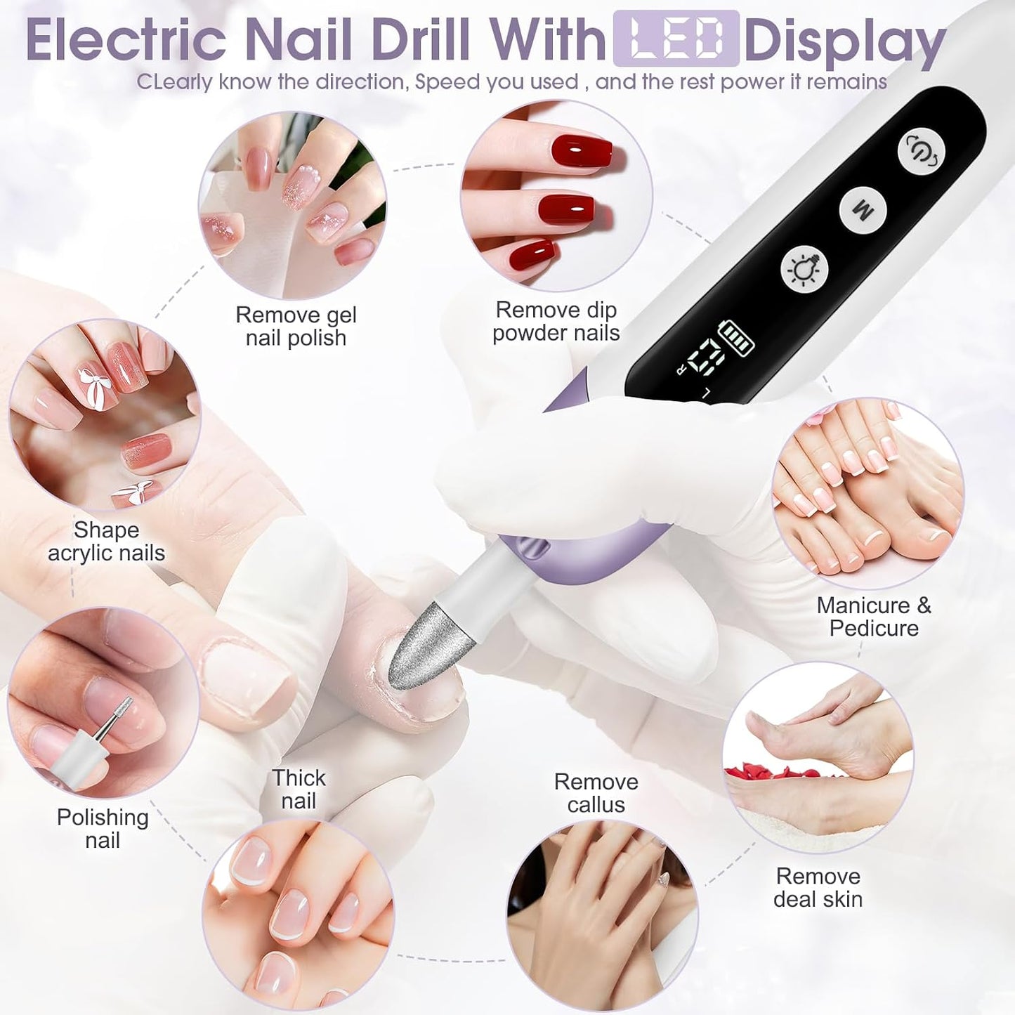 Cordless Electric Nail File Set, Professional Manicure Pedicure Kit with Memory Modes, 10 Speed Portable Nail Drill Machine, Pedicure Tools for feet, Hand Foot Care Tool for Thick Nail Toenail Cuticle