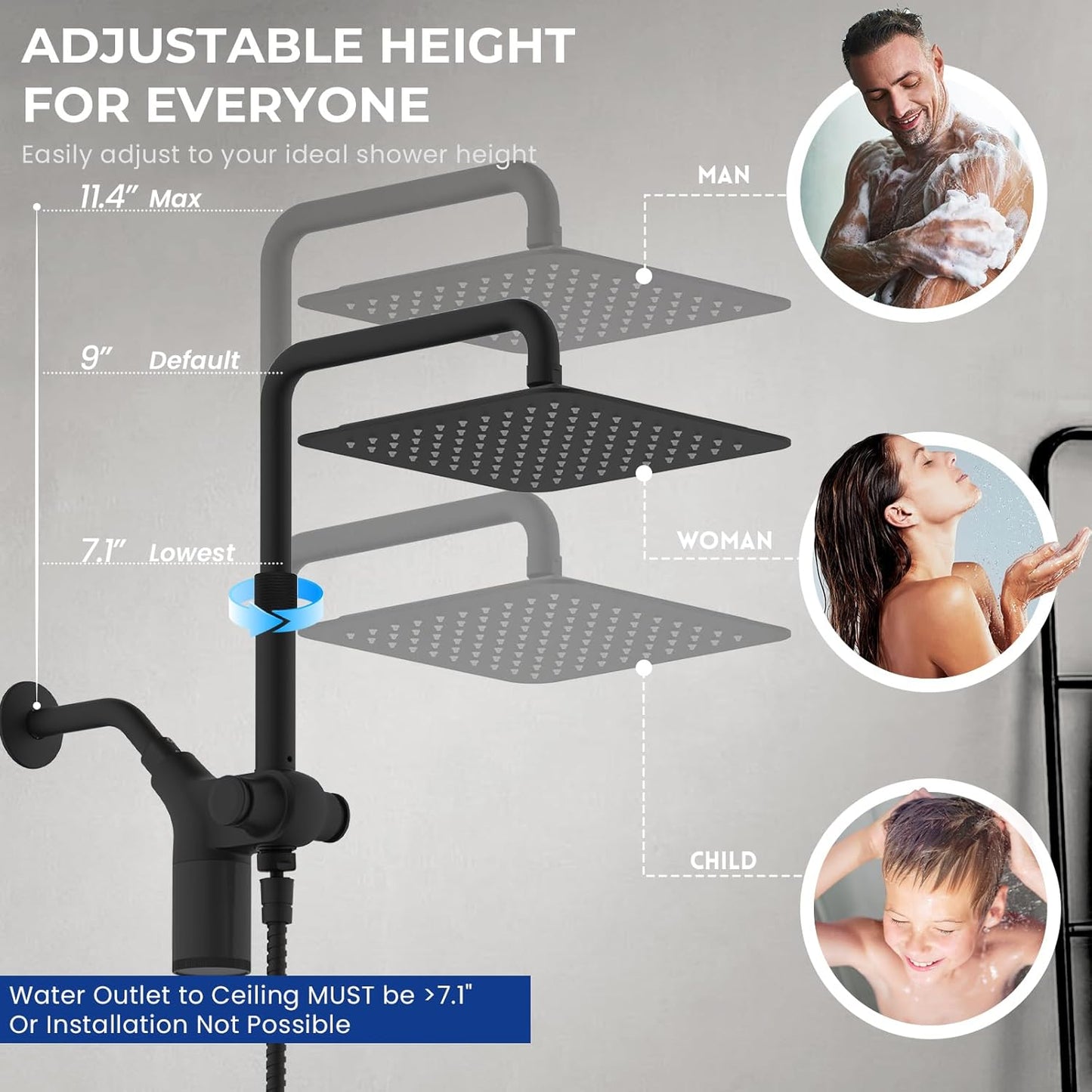 Ryamen Upgraded Dual Shower Heads Combo, 10 inch Filtered Shower Head with Handheld, 3-Way Rain Shower Head with Filters, 7 Settings Handheld Spray, High Pressure, Height Adjustable (Black)