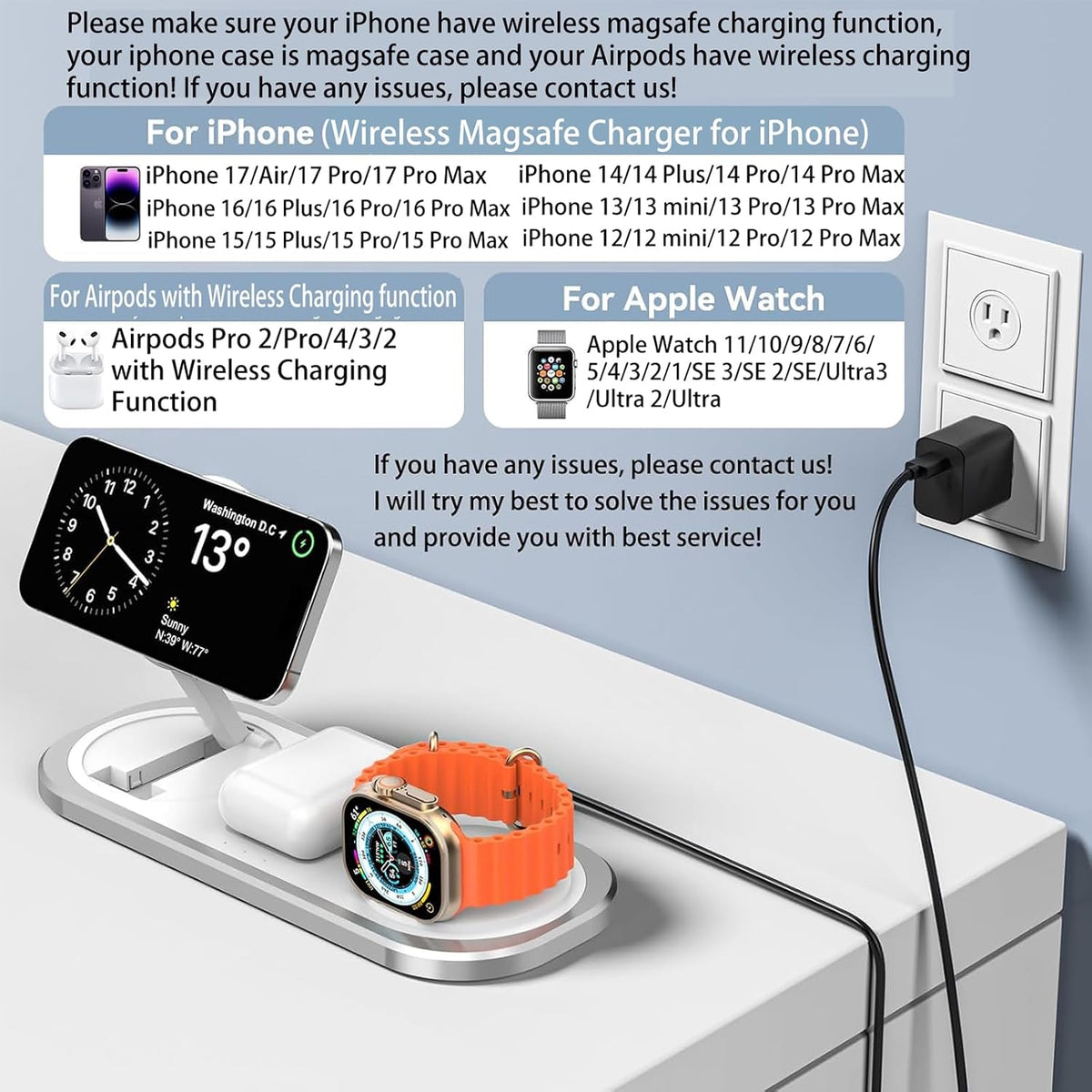 3 in 1 Fast Wireless Charger Stand for iPhone, Foldable Travel Charging Station for Magsafe for iPhone 17/Air/16/15/14/13/12 Series, Apple Watch Series, AirPods pro/2/3/4, Gifts for Women Men (Golden)