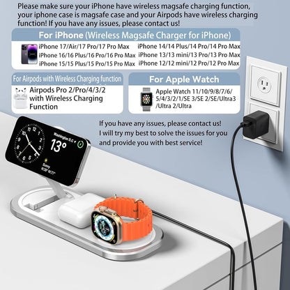 3 in 1 Fast Wireless Charger Stand for iPhone, Foldable Travel Charging Station for Magsafe for iPhone 17/Air/16/15/14/13/12 Series, Apple Watch Series, AirPods pro/2/3/4, Gifts for Women Men (Golden)