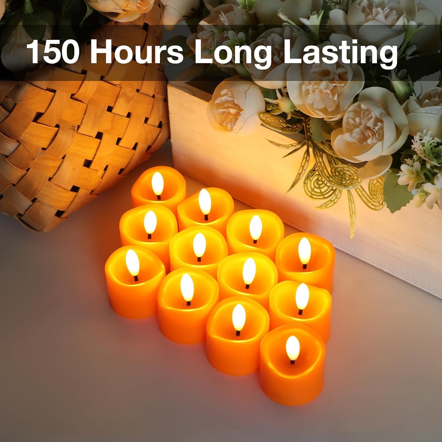 24 Pack Flameless Tealight Candles Battery Operated Tea Lights, Realistic Flickering Electric LED Tea Lights, 3D Wick Fake Tea Lights for Votive, Festival, Party, Wedding Decor