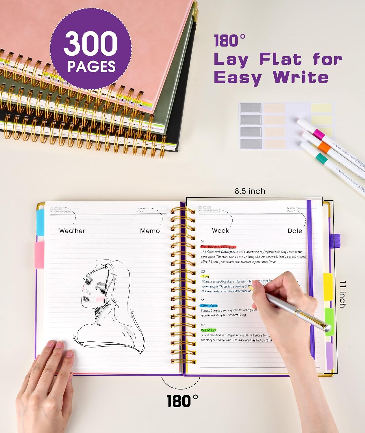 Hardcover Spiral Notebook journal with Removable Dividers Tabs, 300 Pages Leather 5 Subject Notebook College Ruled, 8"x10" Large B5 Notebooks for Work School Note taking, Lined Journal for Women,Black