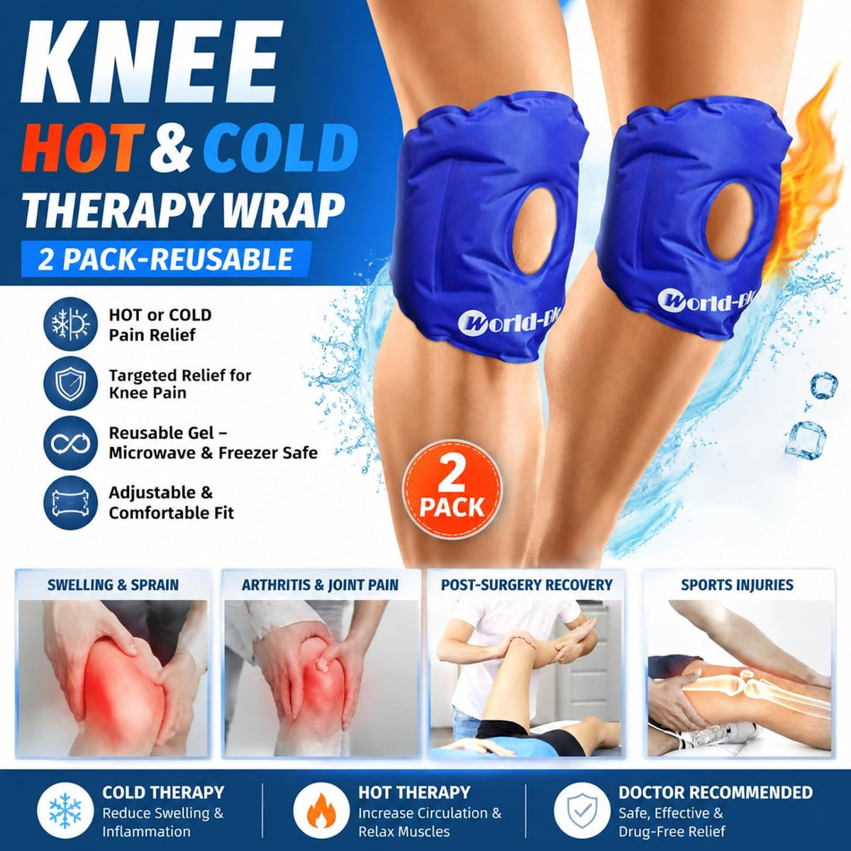 WORLD-BIO 2 Pcs Knee Ice Pack Wrap, Reusable Ice Pack for Knee Pain Relief