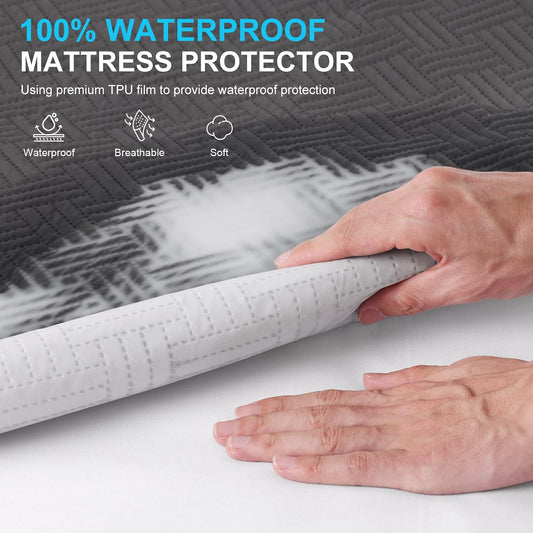 Waterproof Queen Size Mattress Protector with Deep Pockets, Gray