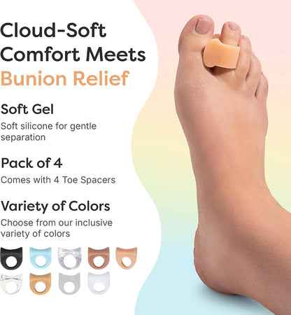 ZenToes Gel Toe Separators for Overlapping Toes, Bunions, Big Toe Alignment, Corrector and Spacer - 4 Pack (White)