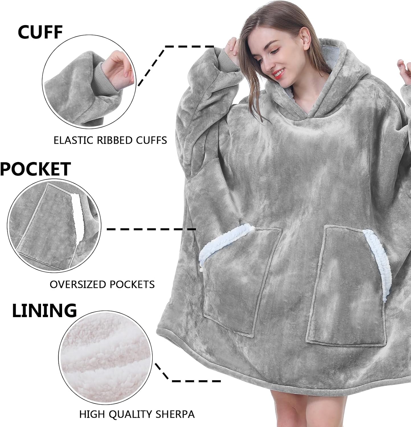 Kipswiza Wearable Blanket Hoodie Gifts for Women and Men, Oversized Cozy Warm Flannel Sherpa Hooded Blankets Sweatshirt with Giant Pockets for Adult and Teens, Dark Gray