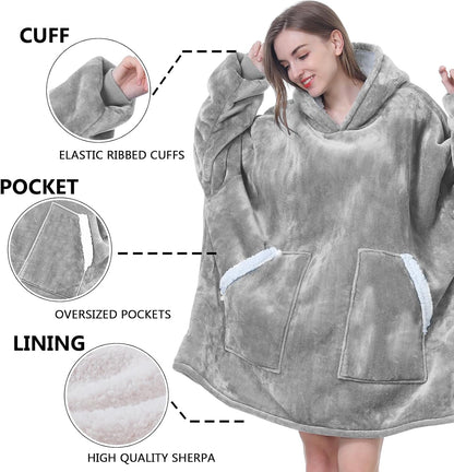 Kipswiza Wearable Blanket Hoodie Gifts for Women and Men, Oversized Cozy Warm Flannel Sherpa Hooded Blankets Sweatshirt with Giant Pockets for Adult and Teens, Dark Gray