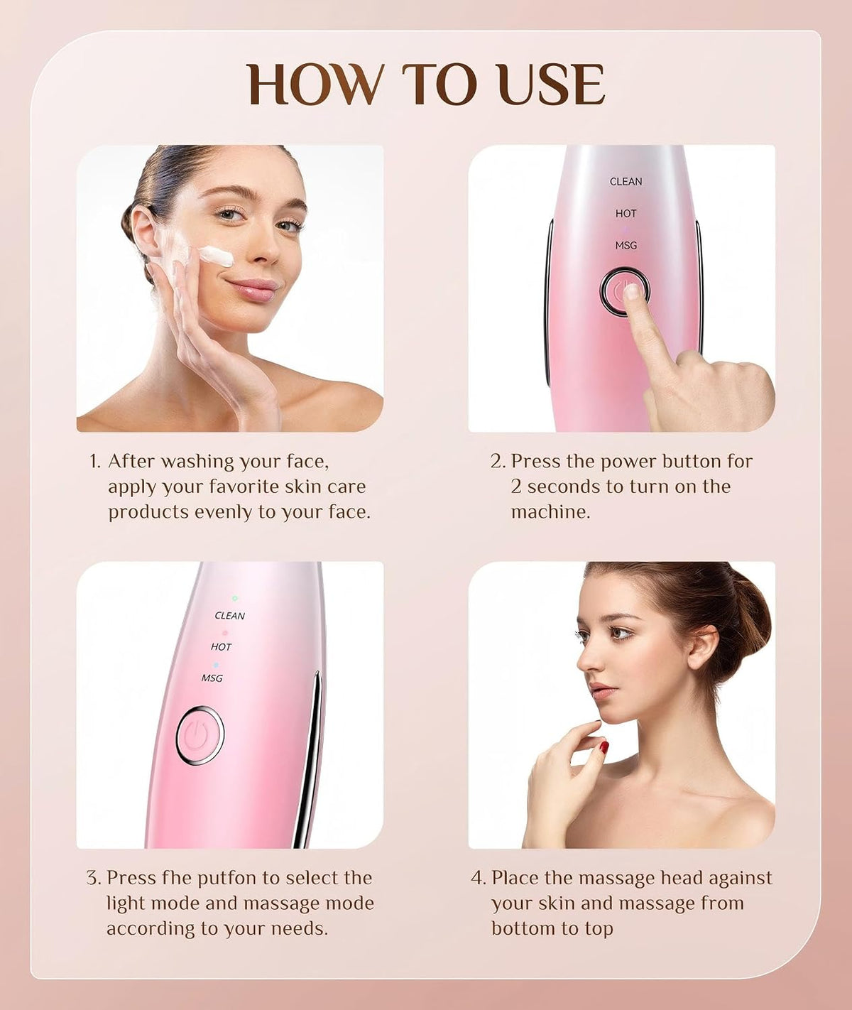 Dopsikn 7 Color Galvanic Machines - Red Light Therapy for Face and Neck, Face Massager Tool for Wrinkles, Double Chin, Vibrating Facial Massager with Thermals, Pink
