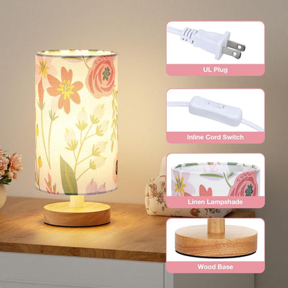 Fenmzee Small Table Lamp for Bedroom - Inline Control, Bedside Lamp with 3000K A15 LED Blub, Easy Assembly (Cream Shade - Wood Base, 9" Inline Control)