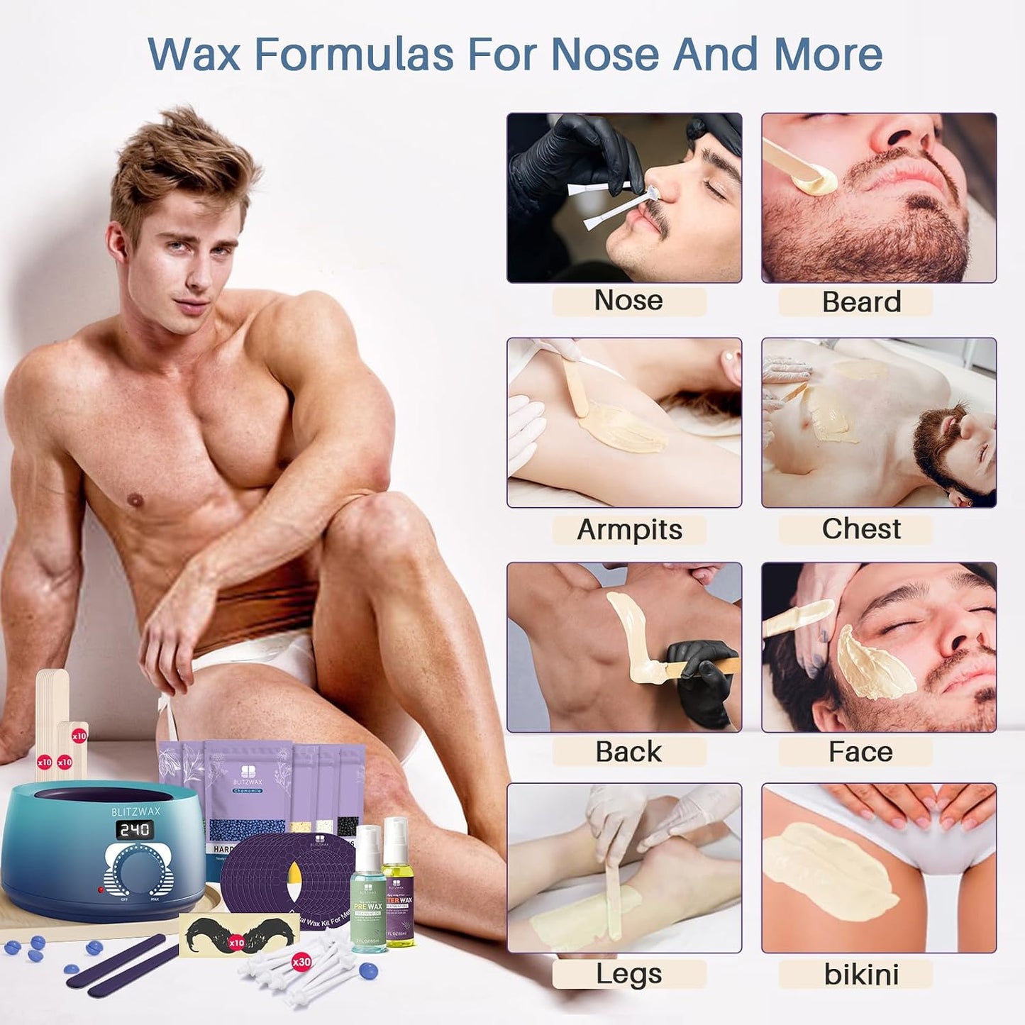 BLITZWAX Brazilian and Bikini Waxing Kit for Women, Hard Wax Warmer for Face, Legs and Body, At Home Hair Removal Kit, Beginner Friendly, Digital Fast Heating, 51 Wax Items