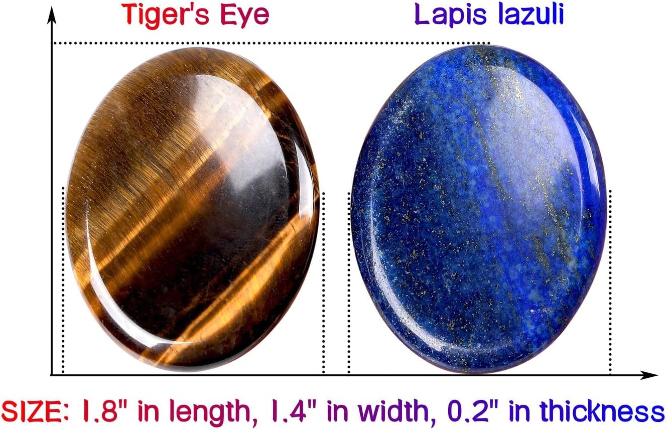 2PCS Worry Stone for Anxiety Tigers Eye Amethyst Healing Crystals Hand Thumb Stones Pocket Gemstones Meditation Accessories Oval Crystal Natural Relax Palm Stone Anxiety Relief Items Stocking Stuffers