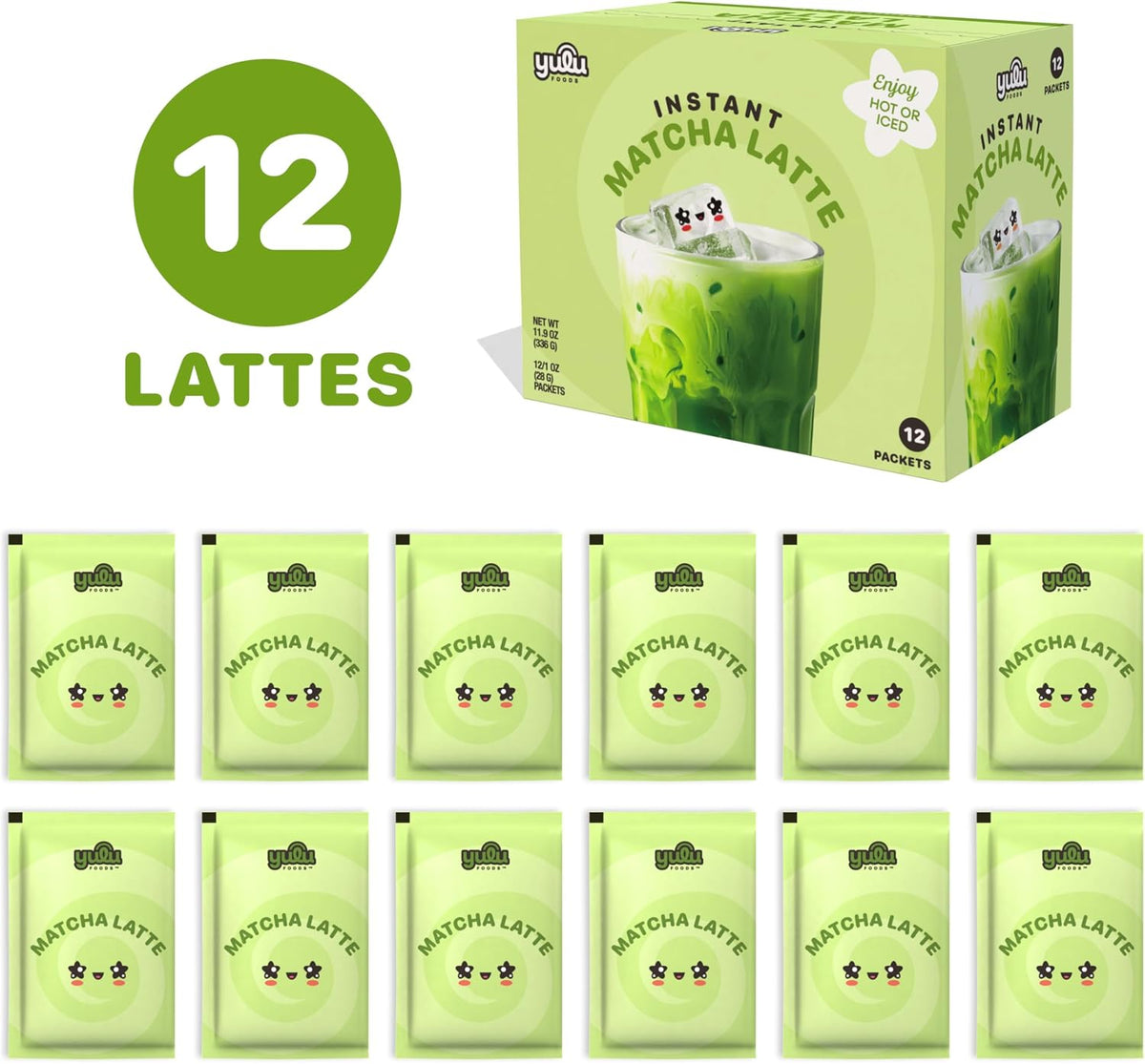 YULU FOODS Matcha Instant Latte Mix (12 Servings, 8.47 oz) | 3-in-1 Japanese Matcha Latte Powder with Creamer & Sugar | Non-Dairy | Hot or Iced Café-Style Latte in Seconds